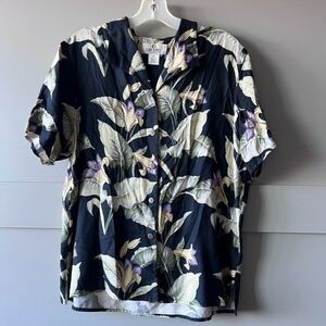 Vintage Island Republic Silk Hawaiian Shirt Womens XL Tropical Floral Button Up